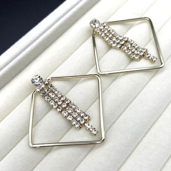 Yellow Gold Rhombus with White Diamond Crystal Dangling Tassel Post Earrings - Picture 4 of 9